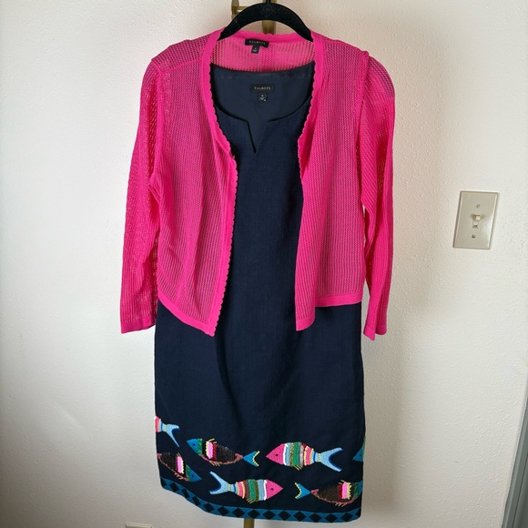 Talbots Dresses & Skirts - Talbots Fuchsia Cardigan and Navy Dress Adorned with Fish Set
